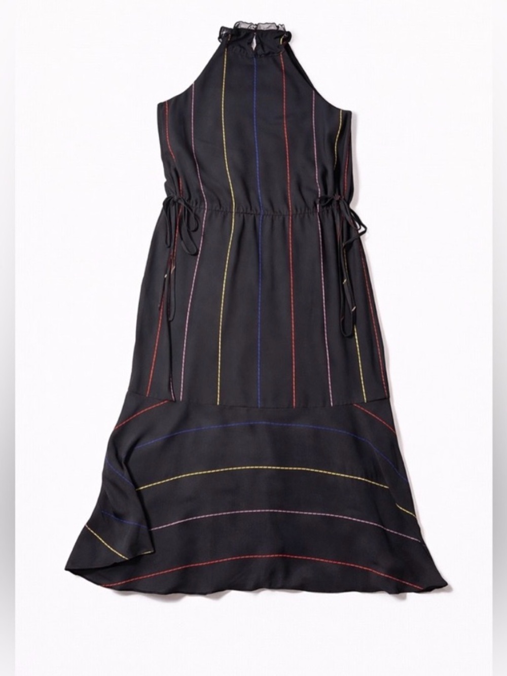 Gianni Bini Black Midi Dress Ruffle Neck Multicolor Stitch M - Picture 2 of 5